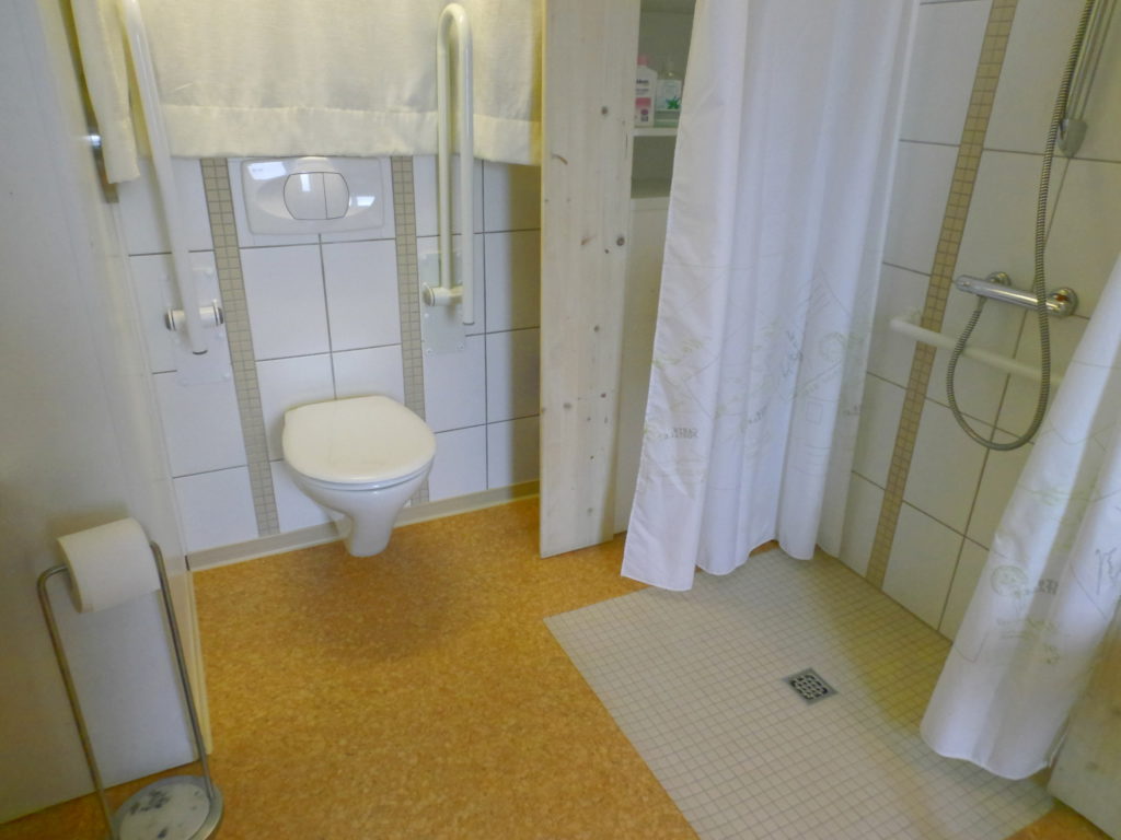 unteres Badezimmer mit WC (zwei Klappgriffe), ebenerdige Dusche und Waschmaschine